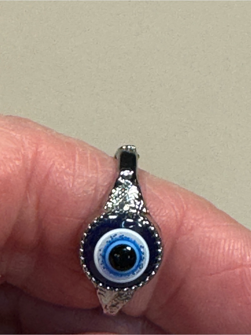 Evil Eye Silver Tone Ring with Blue and White Glass Center